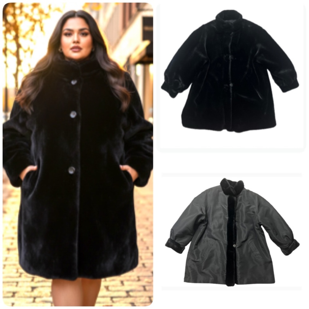 Elegant Whimsical Black Faux Fur Reversible Coat